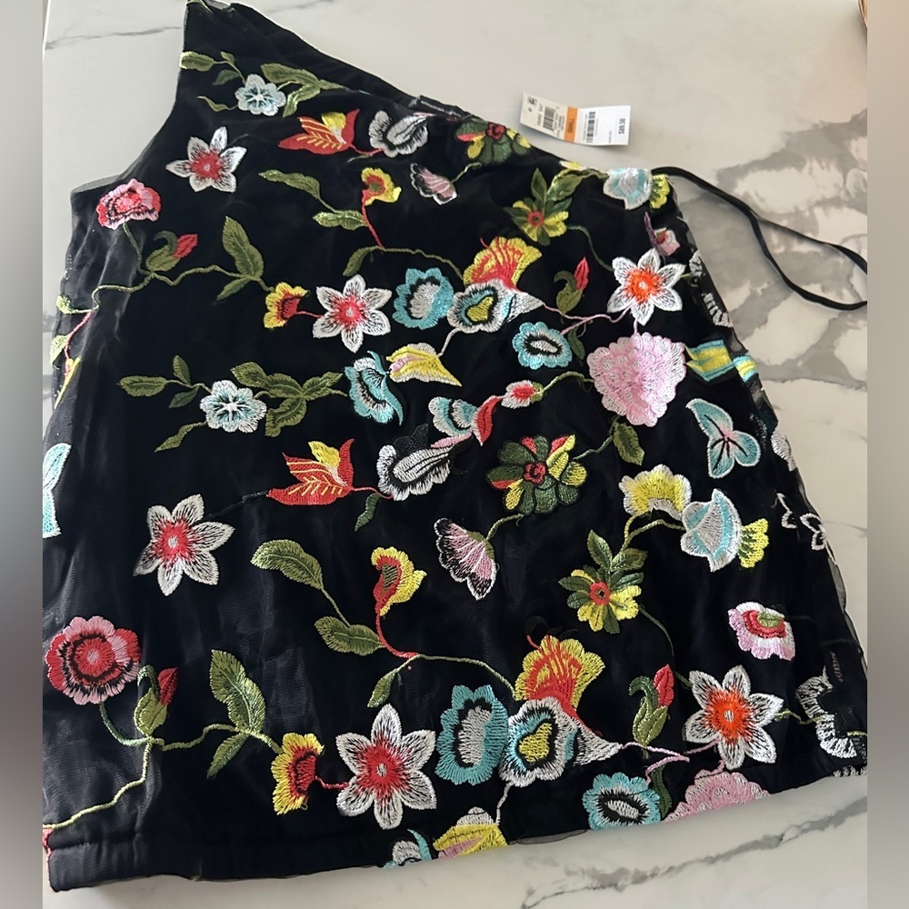 INC one shoulder black floral top size small NWT